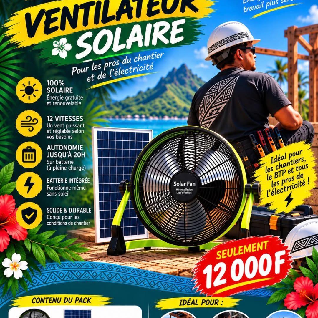 Ventilateur solaire de chantier avec son panneau, à côté d'un ouvrier